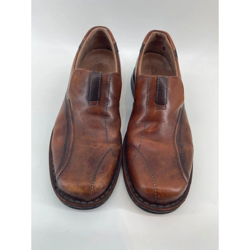 Clarks Mens Brown Leather Slip On Loafers Bicycle Toe Shoes 70846 Size 12M
